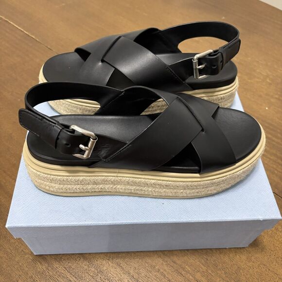 Prada Size 9 EU40 Black Leather Flatform Espadrilles Slingback Platform Sandals - Picture 2 of 8